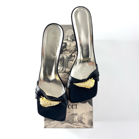 Gucci Dora Tiger Head Black Leather Slip On Square Toe Mules Slides Sandals 40.5 - Picture 1 of 9